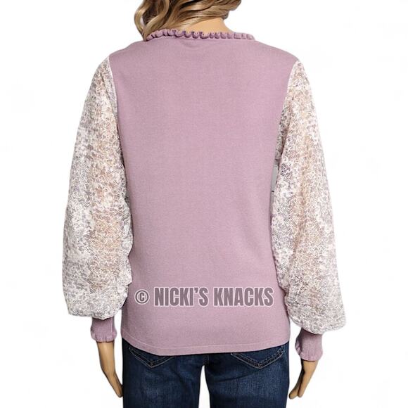 Sioni Lace Sleeve Pastel Lilac Sweater Romantic Ruffle V Neck Knit Top Size S - Picture 7 of 10